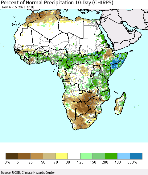 Africa Percent of Normal Precipitation 10-Day (CHIRPS) Thematic Map For 11/6/2023 - 11/15/2023