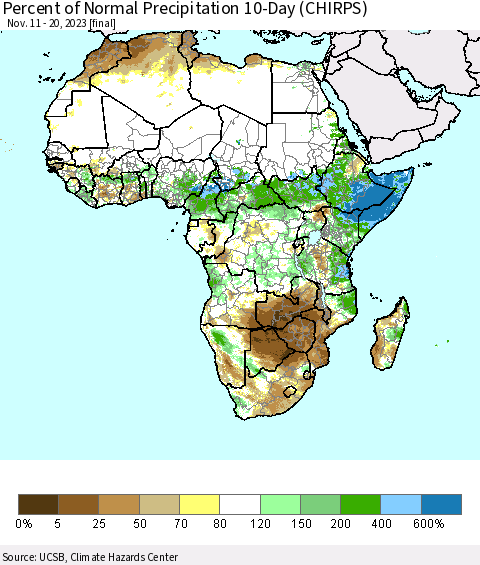 Africa Percent of Normal Precipitation 10-Day (CHIRPS) Thematic Map For 11/11/2023 - 11/20/2023