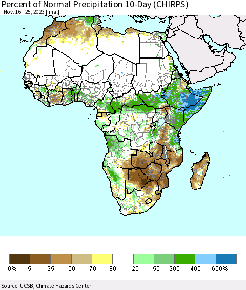 Africa Percent of Normal Precipitation 10-Day (CHIRPS) Thematic Map For 11/16/2023 - 11/25/2023