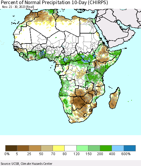 Africa Percent of Normal Precipitation 10-Day (CHIRPS) Thematic Map For 11/21/2023 - 11/30/2023