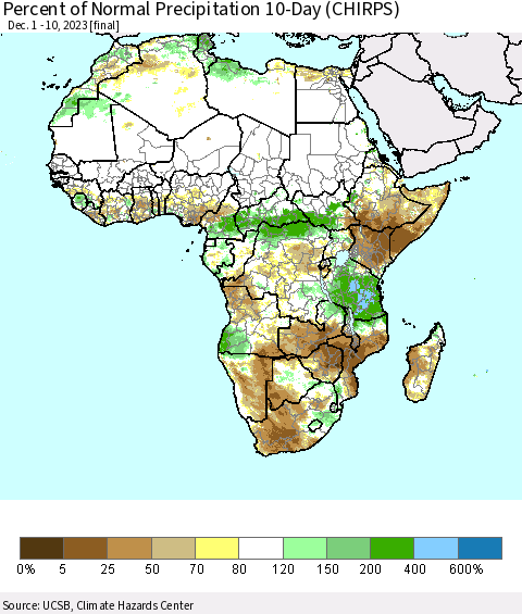 Africa Percent of Normal Precipitation 10-Day (CHIRPS) Thematic Map For 12/1/2023 - 12/10/2023