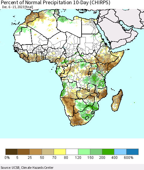 Africa Percent of Normal Precipitation 10-Day (CHIRPS) Thematic Map For 12/6/2023 - 12/15/2023