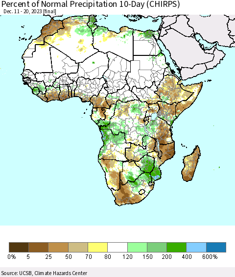 Africa Percent of Normal Precipitation 10-Day (CHIRPS) Thematic Map For 12/11/2023 - 12/20/2023
