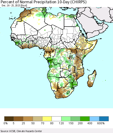 Africa Percent of Normal Precipitation 10-Day (CHIRPS) Thematic Map For 12/16/2023 - 12/25/2023