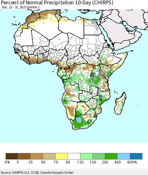 Africa Percent of Normal Precipitation 10-Day (CHIRPS) Thematic Map For 12/21/2023 - 12/31/2023