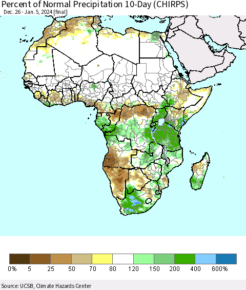 Africa Percent of Normal Precipitation 10-Day (CHIRPS) Thematic Map For 12/26/2023 - 1/5/2024