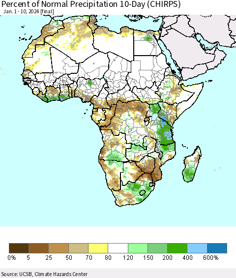 Africa Percent of Normal Precipitation 10-Day (CHIRPS) Thematic Map For 1/1/2024 - 1/10/2024