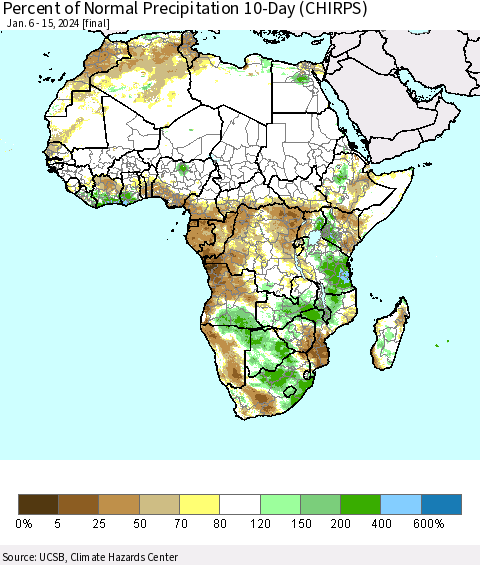 Africa Percent of Normal Precipitation 10-Day (CHIRPS) Thematic Map For 1/6/2024 - 1/15/2024