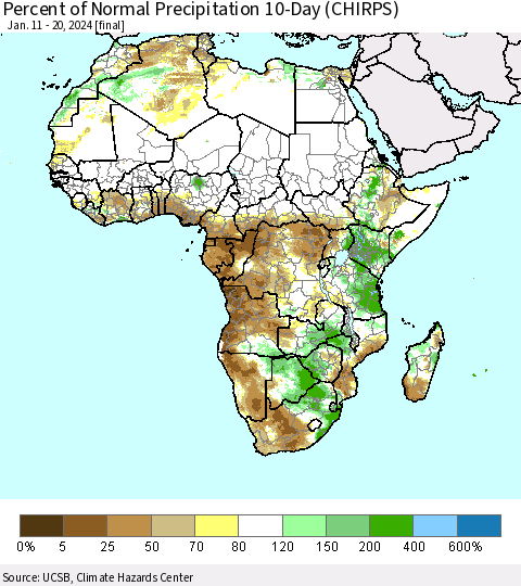 Africa Percent of Normal Precipitation 10-Day (CHIRPS) Thematic Map For 1/11/2024 - 1/20/2024