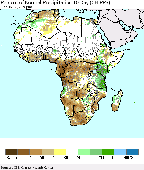 Africa Percent of Normal Precipitation 10-Day (CHIRPS) Thematic Map For 1/16/2024 - 1/25/2024