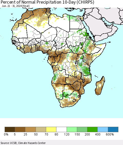 Africa Percent of Normal Precipitation 10-Day (CHIRPS) Thematic Map For 1/21/2024 - 1/31/2024