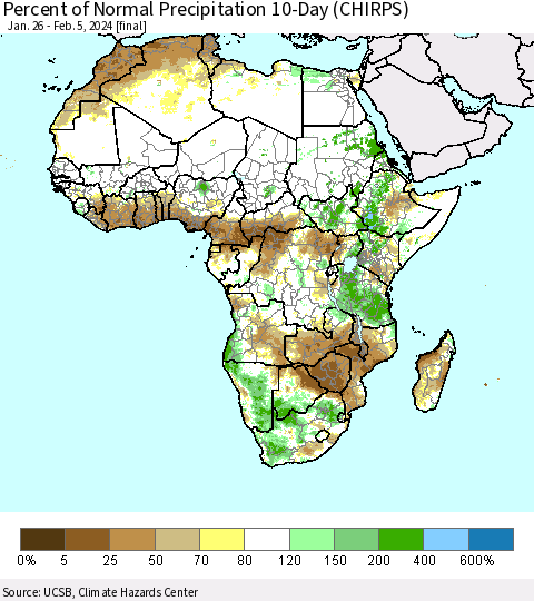 Africa Percent of Normal Precipitation 10-Day (CHIRPS) Thematic Map For 1/26/2024 - 2/5/2024