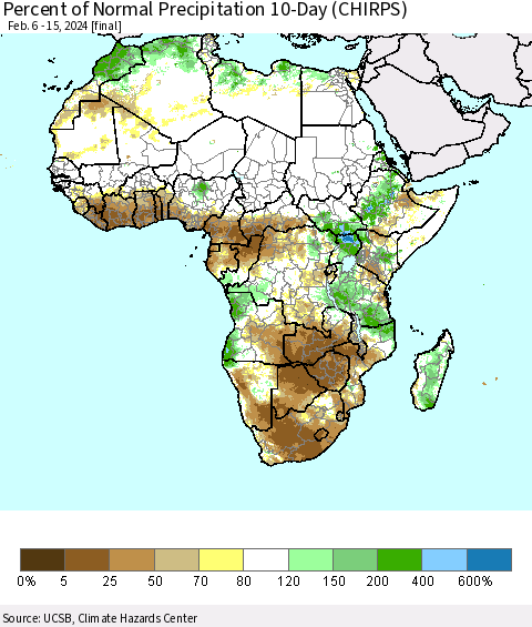 Africa Percent of Normal Precipitation 10-Day (CHIRPS) Thematic Map For 2/6/2024 - 2/15/2024