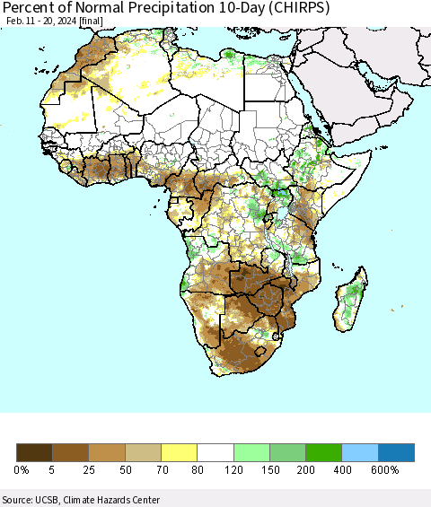 Africa Percent of Normal Precipitation 10-Day (CHIRPS) Thematic Map For 2/11/2024 - 2/20/2024