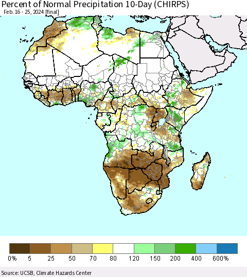 Africa Percent of Normal Precipitation 10-Day (CHIRPS) Thematic Map For 2/16/2024 - 2/25/2024