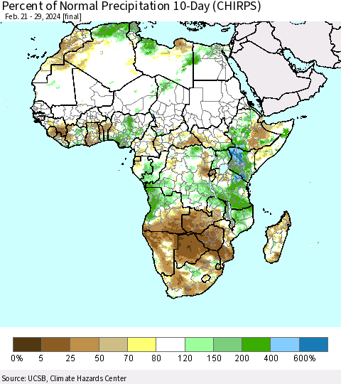 Africa Percent of Normal Precipitation 10-Day (CHIRPS) Thematic Map For 2/21/2024 - 2/29/2024