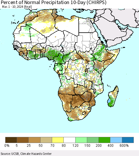 Africa Percent of Normal Precipitation 10-Day (CHIRPS) Thematic Map For 3/1/2024 - 3/10/2024