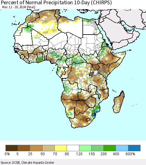 Africa Percent of Normal Precipitation 10-Day (CHIRPS) Thematic Map For 3/11/2024 - 3/20/2024