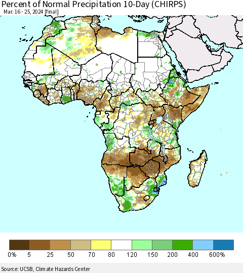 Africa Percent of Normal Precipitation 10-Day (CHIRPS) Thematic Map For 3/16/2024 - 3/25/2024