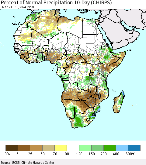Africa Percent of Normal Precipitation 10-Day (CHIRPS) Thematic Map For 3/21/2024 - 3/31/2024
