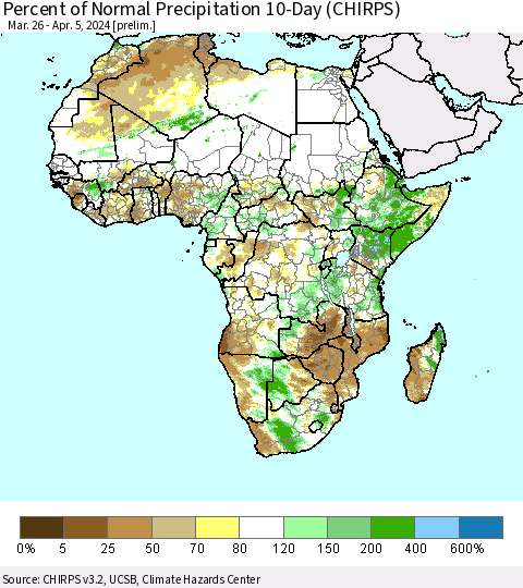 Africa Percent of Normal Precipitation 10-Day (CHIRPS) Thematic Map For 3/26/2024 - 4/5/2024