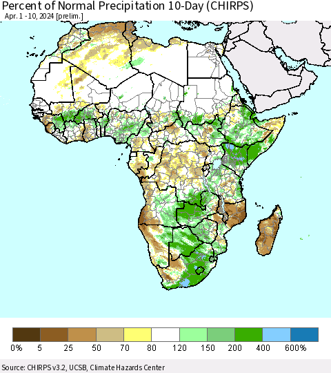 Africa Percent of Normal Precipitation 10-Day (CHIRPS) Thematic Map For 4/1/2024 - 4/10/2024