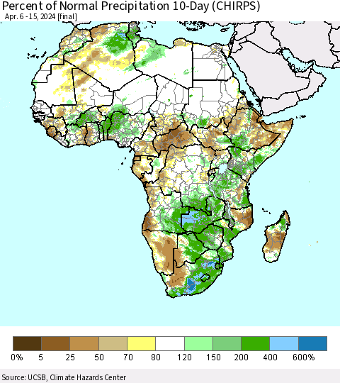 Africa Percent of Normal Precipitation 10-Day (CHIRPS) Thematic Map For 4/6/2024 - 4/15/2024