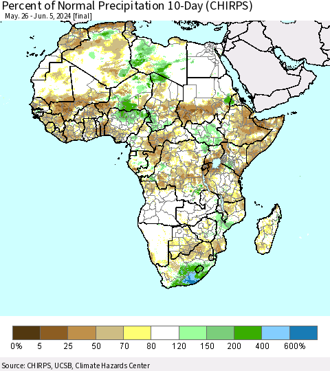 Africa Percent of Normal Precipitation 10-Day (CHIRPS) Thematic Map For 5/26/2024 - 6/5/2024