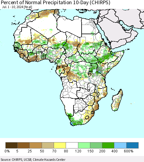 Africa Percent of Normal Precipitation 10-Day (CHIRPS) Thematic Map For 7/1/2024 - 7/10/2024