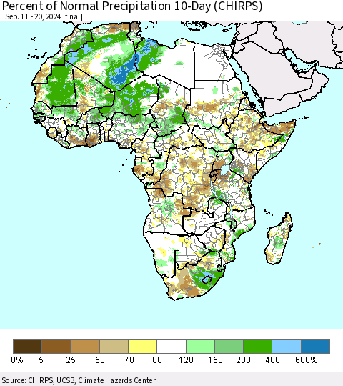 Africa Percent of Normal Precipitation 10-Day (CHIRPS) Thematic Map For 9/11/2024 - 9/20/2024