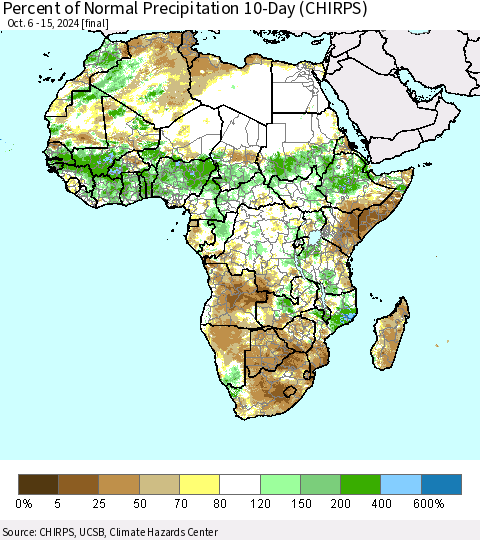 Africa Percent of Normal Precipitation 10-Day (CHIRPS) Thematic Map For 10/6/2024 - 10/15/2024