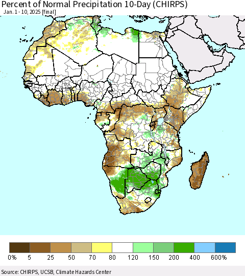 Africa Percent of Normal Precipitation 10-Day (CHIRPS) Thematic Map For 1/1/2025 - 1/10/2025