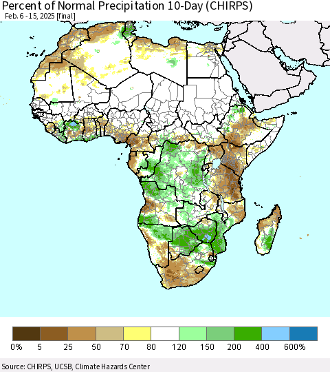 Africa Percent of Normal Precipitation 10-Day (CHIRPS) Thematic Map For 2/6/2025 - 2/15/2025