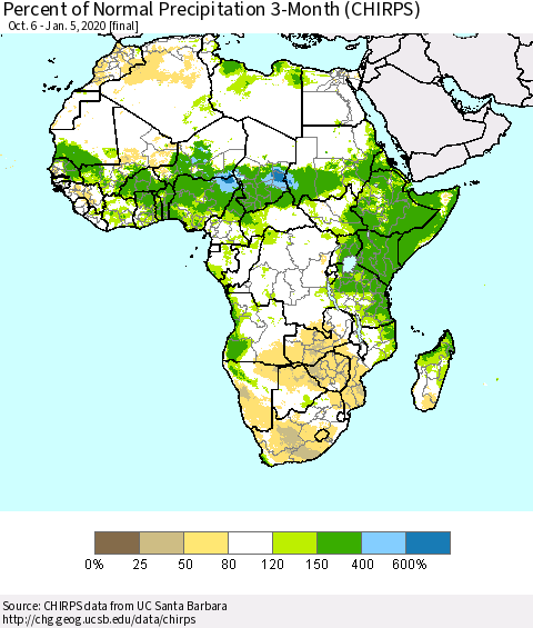 Africa Percent of Normal Precipitation 3-Month (CHIRPS) Thematic Map For 10/6/2019 - 1/5/2020
