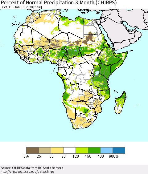 Africa Percent of Normal Precipitation 3-Month (CHIRPS) Thematic Map For 10/11/2019 - 1/10/2020