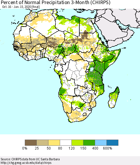 Africa Percent of Normal Precipitation 3-Month (CHIRPS) Thematic Map For 10/16/2019 - 1/15/2020
