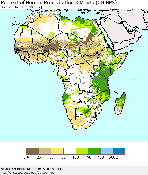 Africa Percent of Normal Precipitation 3-Month (CHIRPS) Thematic Map For 10/21/2019 - 1/20/2020