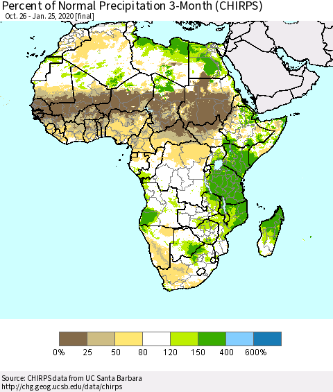 Africa Percent of Normal Precipitation 3-Month (CHIRPS) Thematic Map For 10/26/2019 - 1/25/2020