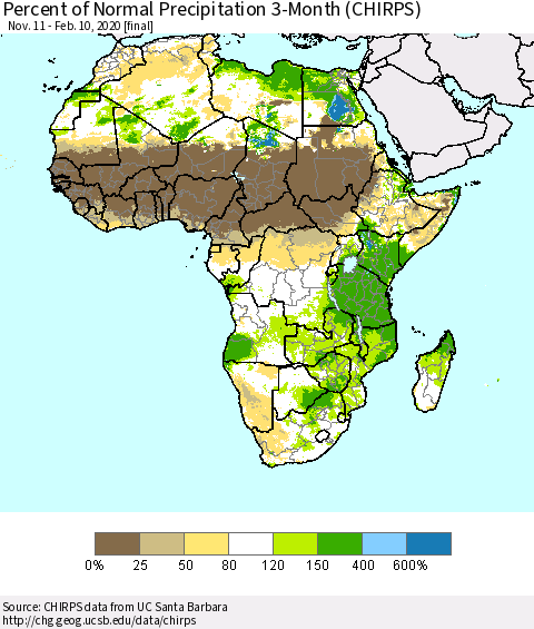 Africa Percent of Normal Precipitation 3-Month (CHIRPS) Thematic Map For 11/11/2019 - 2/10/2020