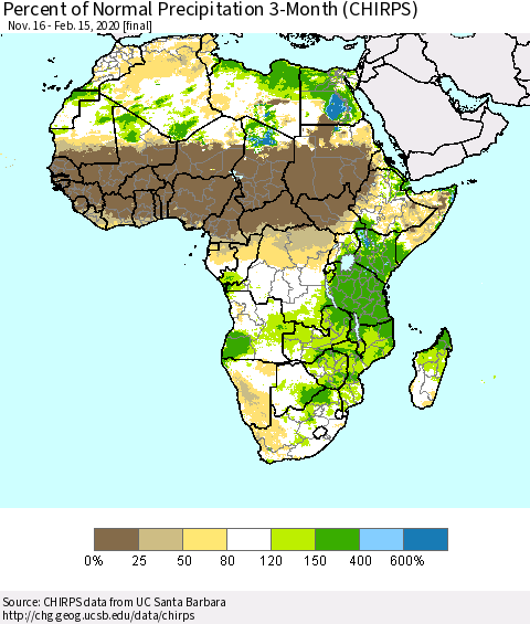 Africa Percent of Normal Precipitation 3-Month (CHIRPS) Thematic Map For 11/16/2019 - 2/15/2020