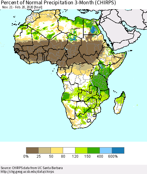 Africa Percent of Normal Precipitation 3-Month (CHIRPS) Thematic Map For 11/21/2019 - 2/20/2020