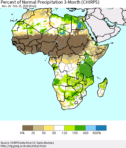 Africa Percent of Normal Precipitation 3-Month (CHIRPS) Thematic Map For 11/26/2019 - 2/25/2020