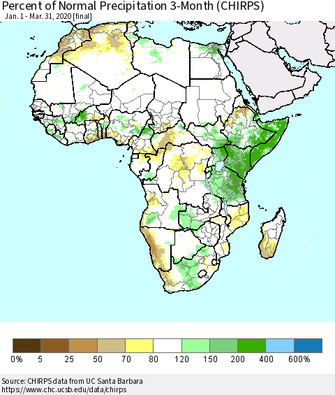 Africa Percent of Normal Precipitation 3-Month (CHIRPS) Thematic Map For 1/1/2020 - 3/31/2020