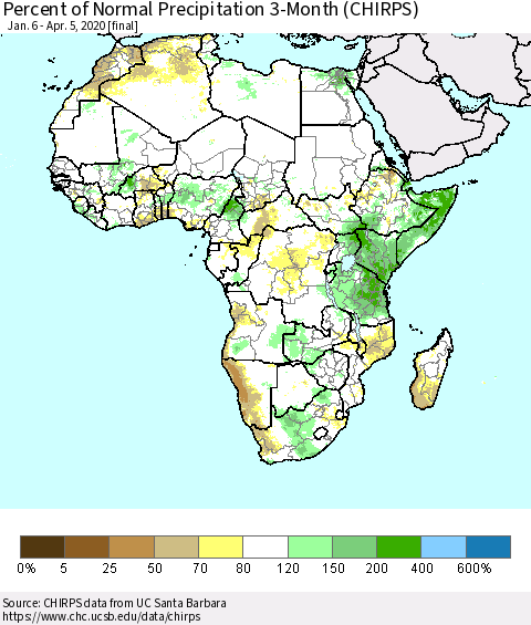 Africa Percent of Normal Precipitation 3-Month (CHIRPS) Thematic Map For 1/6/2020 - 4/5/2020