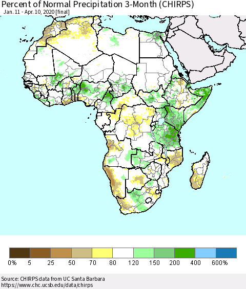 Africa Percent of Normal Precipitation 3-Month (CHIRPS) Thematic Map For 1/11/2020 - 4/10/2020