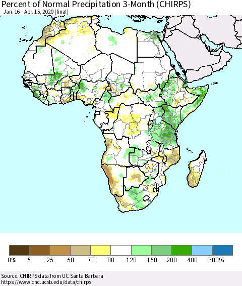 Africa Percent of Normal Precipitation 3-Month (CHIRPS) Thematic Map For 1/16/2020 - 4/15/2020