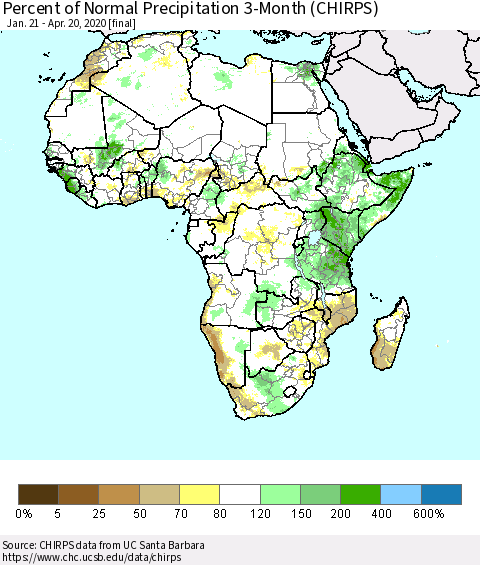 Africa Percent of Normal Precipitation 3-Month (CHIRPS) Thematic Map For 1/21/2020 - 4/20/2020