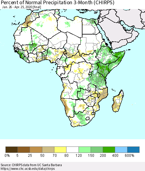 Africa Percent of Normal Precipitation 3-Month (CHIRPS) Thematic Map For 1/26/2020 - 4/25/2020