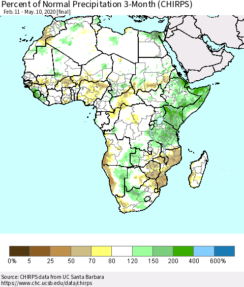Africa Percent of Normal Precipitation 3-Month (CHIRPS) Thematic Map For 2/11/2020 - 5/10/2020