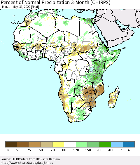 Africa Percent of Normal Precipitation 3-Month (CHIRPS) Thematic Map For 3/1/2020 - 5/31/2020